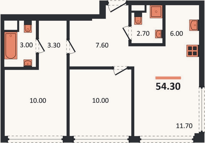 Планировка: 2-к, 55,1 м²