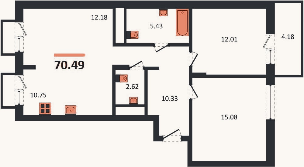 Планировка: 2-к, 70,5 м²