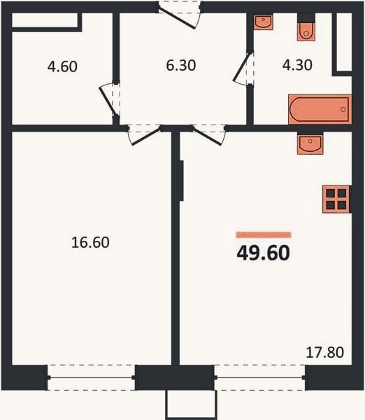 Планировка: 1-к, 49,6 м²