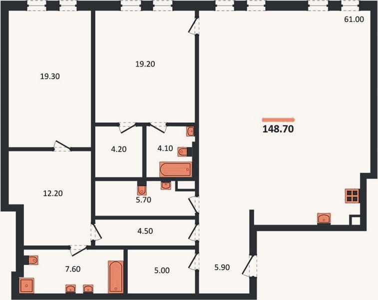 Планировка: 2-к, 148,7 м²