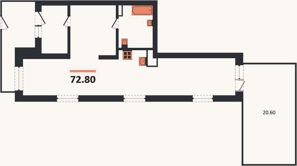 Планировка: 1-к, 72,8 м²