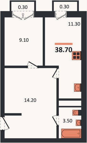 Планировка: 1-к, 38,7 м²