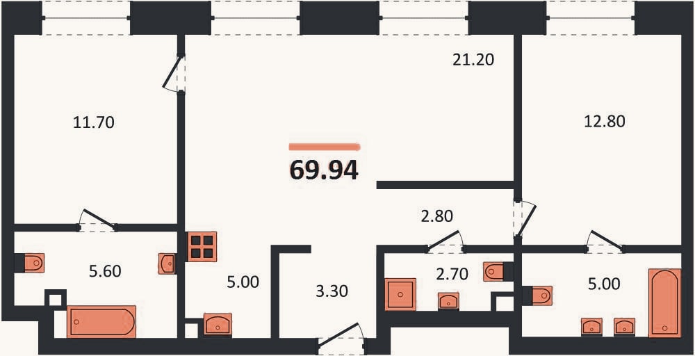 Планировка: 2-к, 69,9 м²