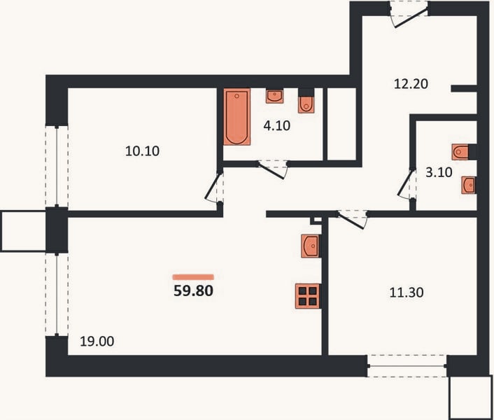 Планировка: 2-к, 59,8 м²