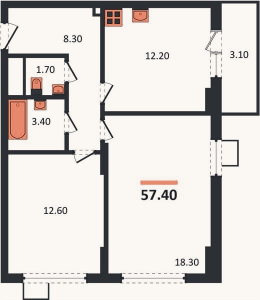 Планировка: 2-к, 57,4 м²