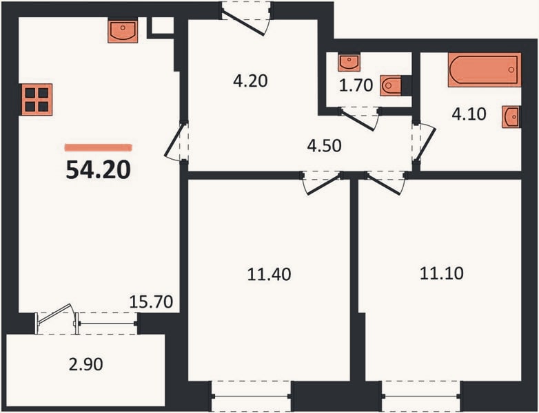 Планировка: 2-к, 54,2 м²