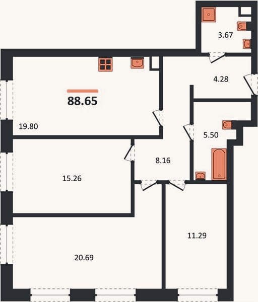 Планировка: 3-к, 88,7 м²