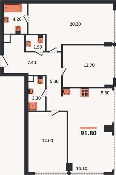 Планировка: 3-к, 91,8 м²