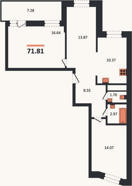 Планировка: 2-к, 71,8 м²
