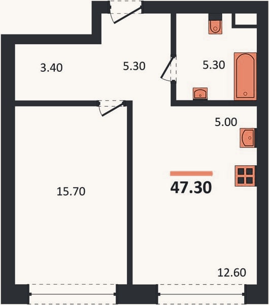 Планировка: 1-к, 47,3 м²