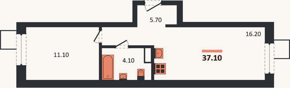 Планировка: 1-к, 37,1 м²