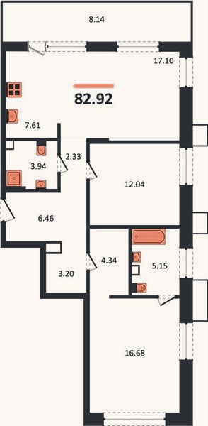 Планировка: 2-к, 82,9 м²