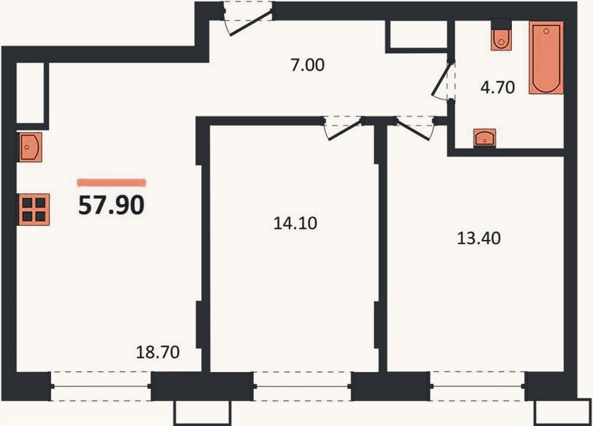 Планировка: 2-к, 57,9 м²