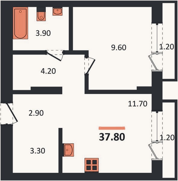 Планировка: 1-к, 37,8 м²