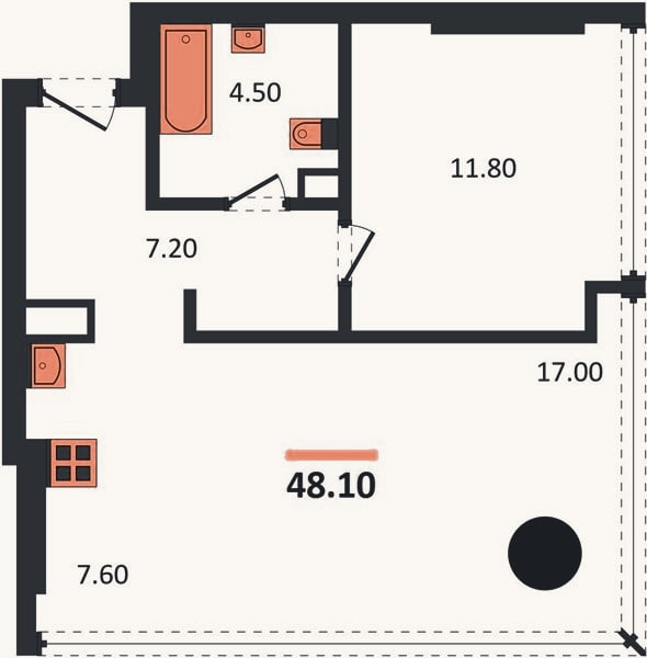 Планировка: 1-к, 48,1 м²