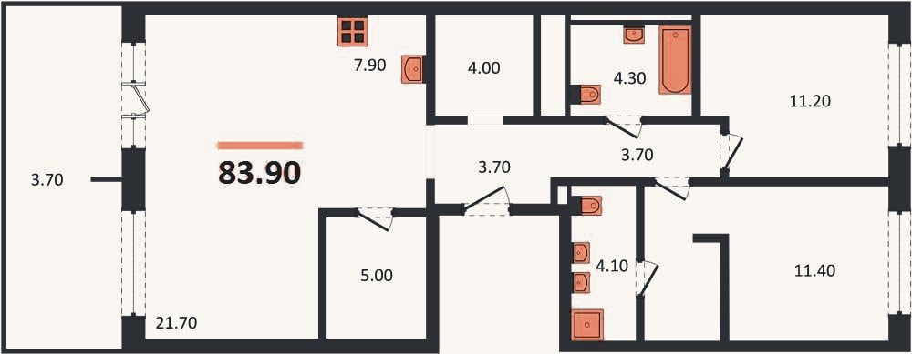 Планировка: 2-к, 83,9 м²