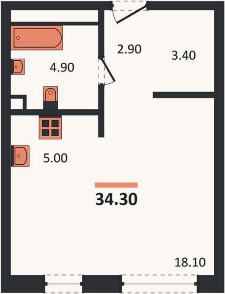 Планировка: Студия, 34,3 м²