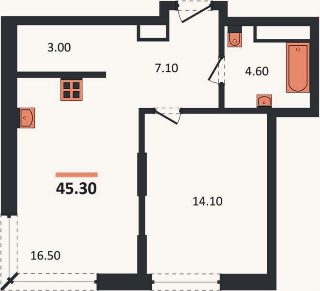 Планировка: 1-к, 45,3 м²