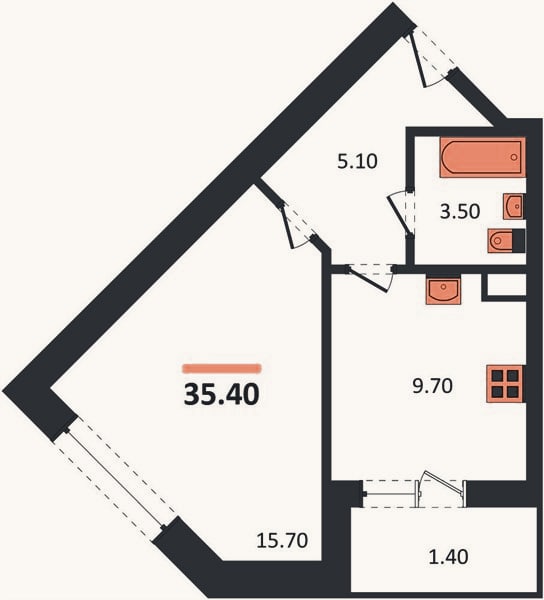 Планировка: 1-к, 35,4 м²