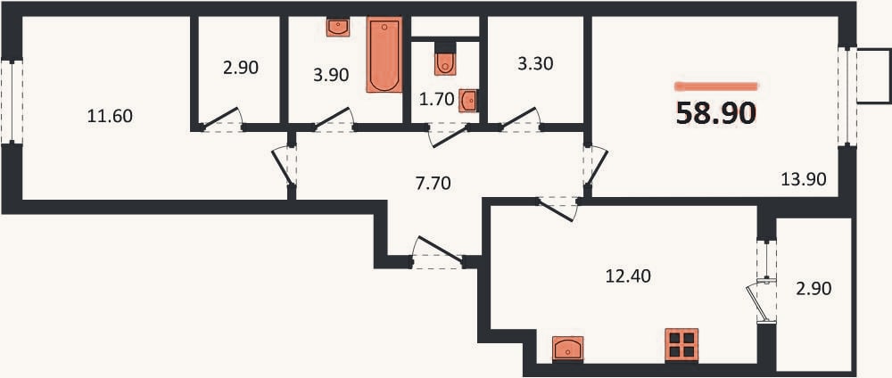 Планировка: 2-к, 58,9 м²