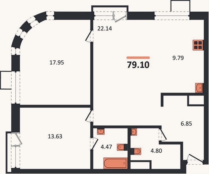 Планировка: 2-к, 79,1 м²