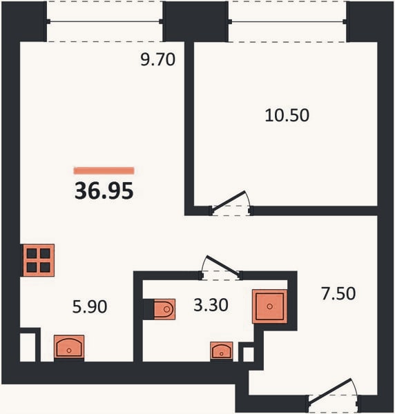 Планировка: 1-к, 37 м²
