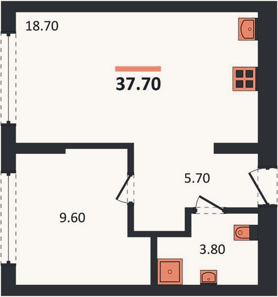 Планировка: 1-к, 37,7 м²