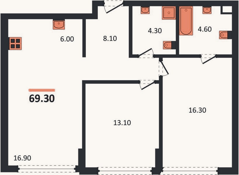 Планировка: 2-к, 69,3 м²