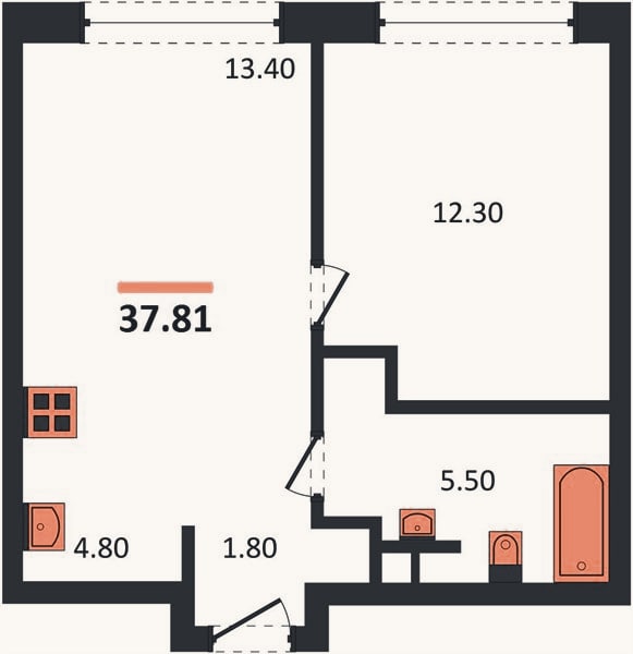 Планировка: 1-к, 37,8 м²