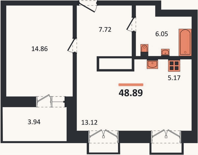 Планировка: 1-к, 48,9 м²