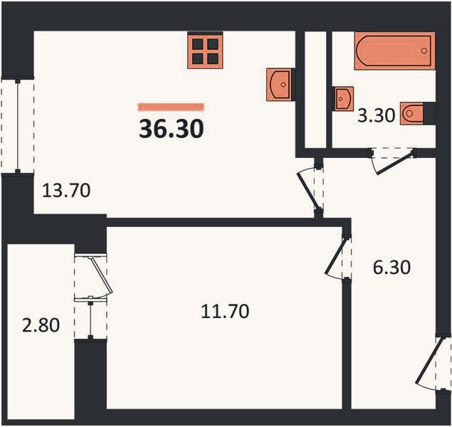 Планировка: 1-к, 36,3 м²