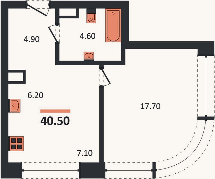 Планировка: 1-к, 40,5 м²