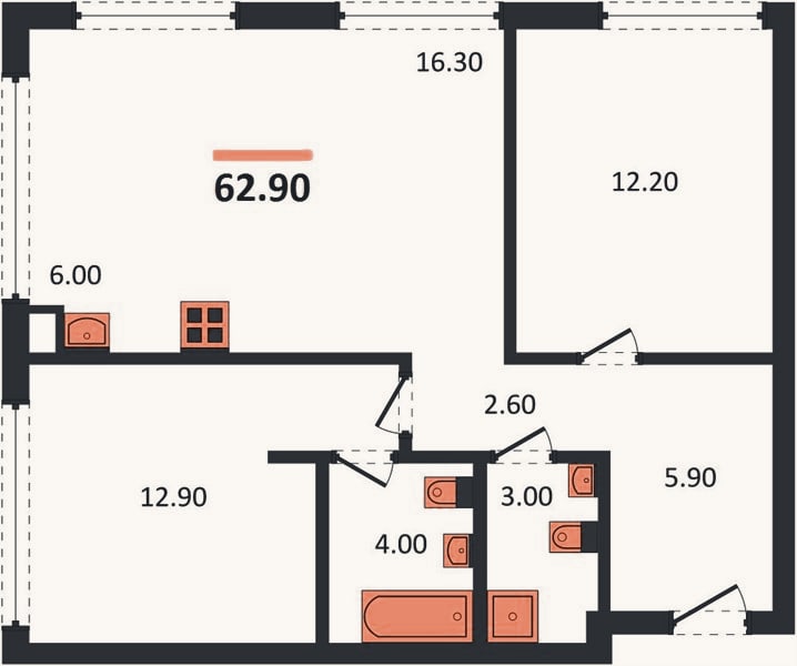 Планировка: 2-к, 62,9 м²