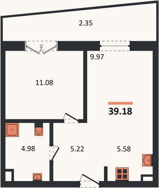 Планировка: 1-к, 39,2 м²
