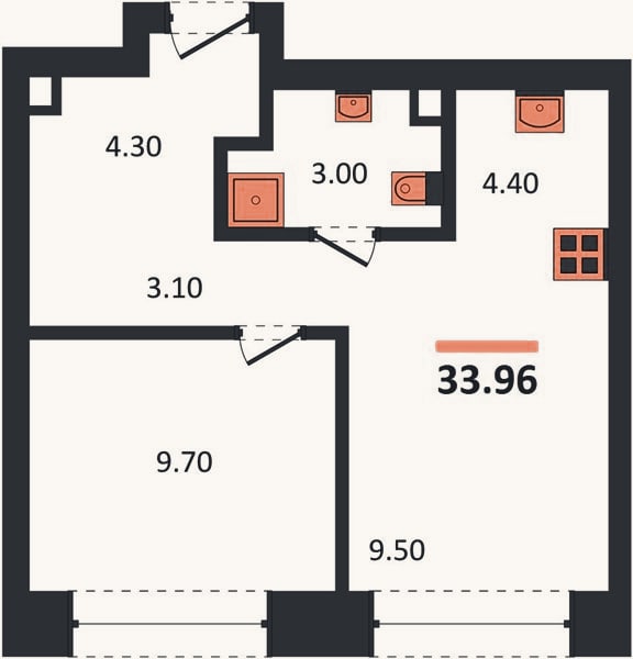 Планировка: 1-к, 34 м²