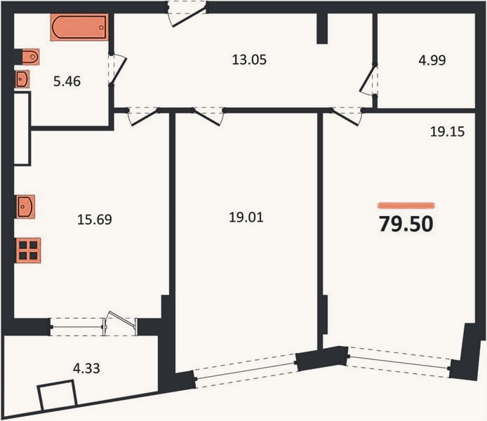 Планировка: 2-к, 79,5 м²