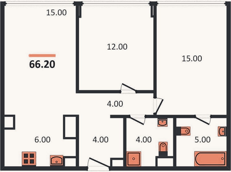 Планировка: 2-к, 66,2 м²