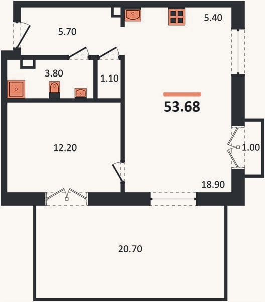 Планировка: 1-к, 53,7 м²