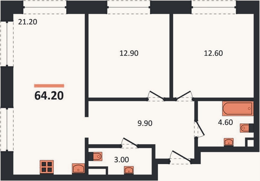 Планировка: 2-к, 64,2 м²