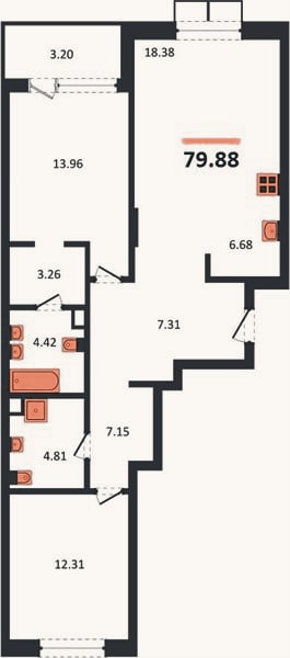 Планировка: 2-к, 79,9 м²