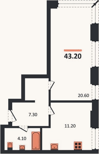 Планировка: 1-к, 43,2 м²