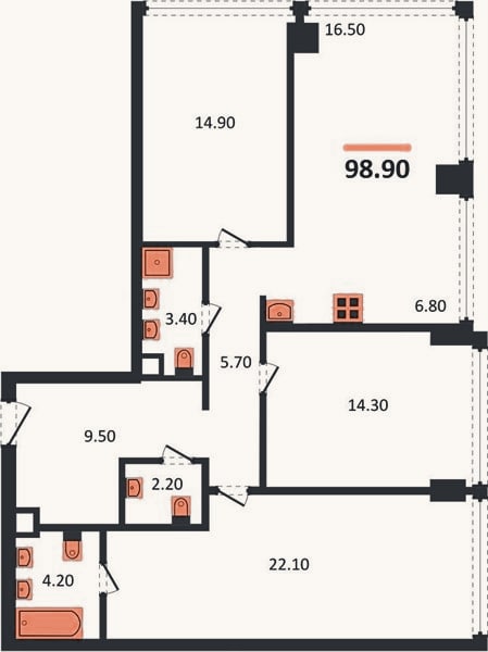 Планировка: 3-к, 98,9 м²