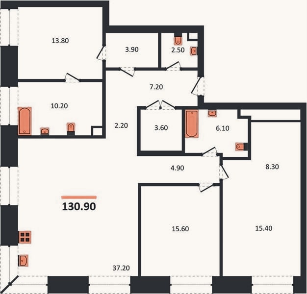 Планировка: 3-к, 130,9 м²
