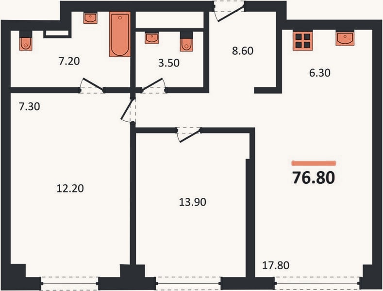 Планировка: 2-к, 76,8 м²