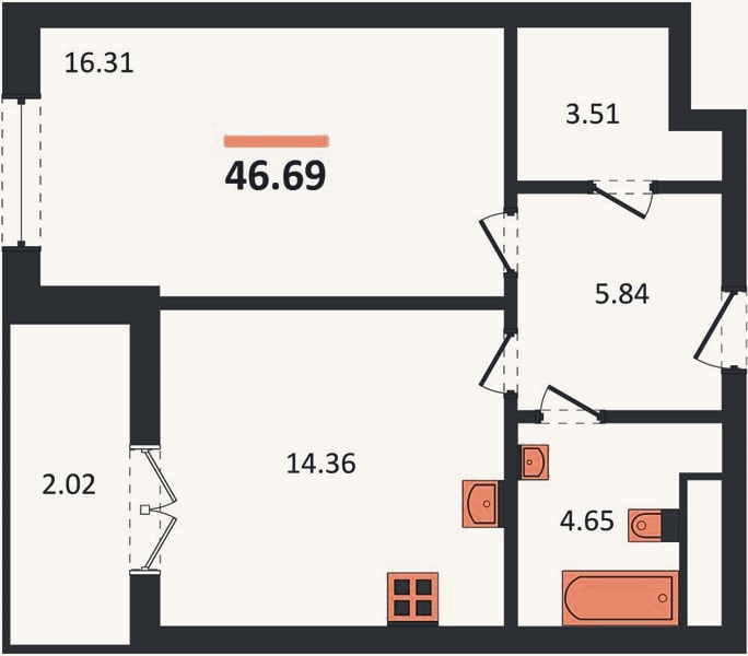Планировка: 1-к, 46,7 м²