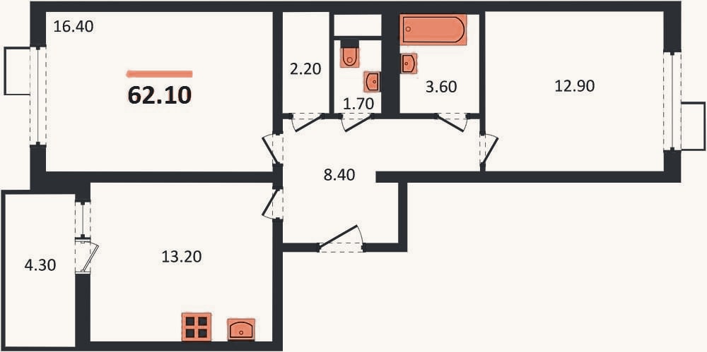 Планировка: 2-к, 62,1 м²