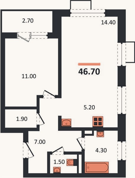 Планировка: 1-к, 46,7 м²