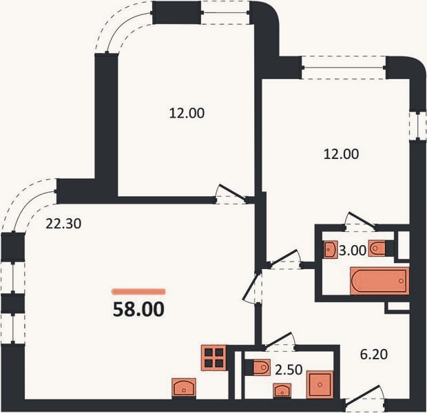 Планировка: 2-к, 58 м²