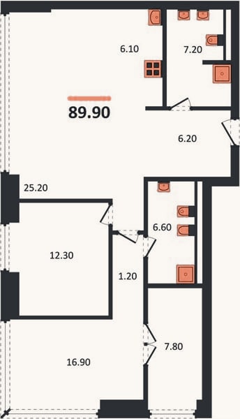 Планировка: 2-к, 89,9 м²