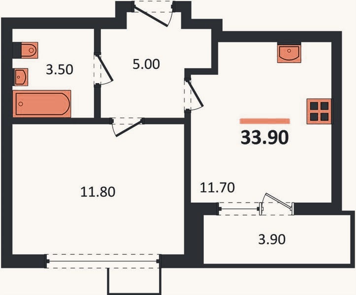 Планировка: 1-к, 33,9 м²